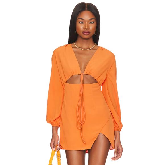 Superdown Selene Wrap Dress Orange Mini Front Tie V-Neck Long Sleeves‎ Sz XS - Picture 1 of 13